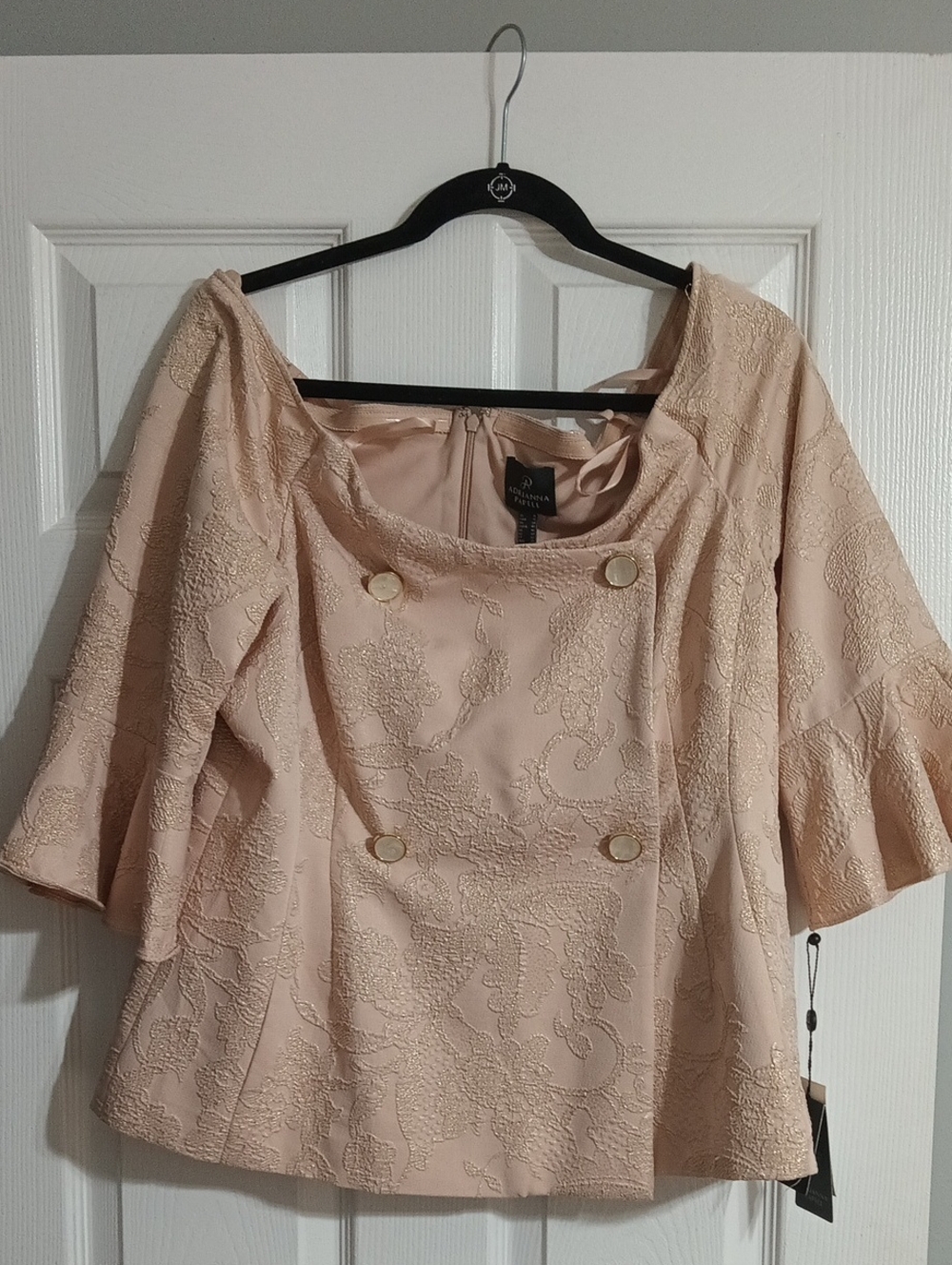 Adrianna Papell Blush Embroidered Peplum Top with Decorative Buttons